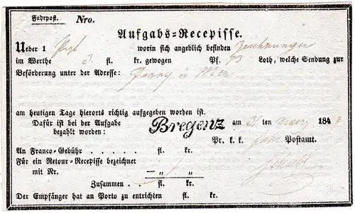 Österreich 1847, Schreibschrift-L1 Bregenz auf Vordruck Rezepisse f. Wertsendung