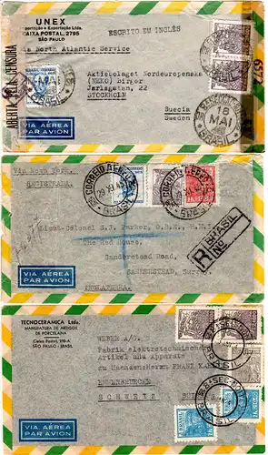 Brasilien 1943/50, 5 internat. Luftpost Briefe, dabei Einschreiben u. Zensur