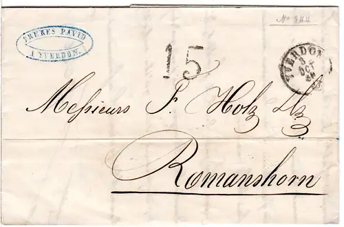 Schweiz 1856, Portostpl. 15 auf Brief v. Yverdon n. Romanshorn 