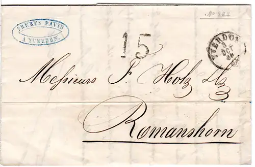 Schweiz 1856, Portostpl. 15 auf Brief v. Yverdon n. Romanshorn