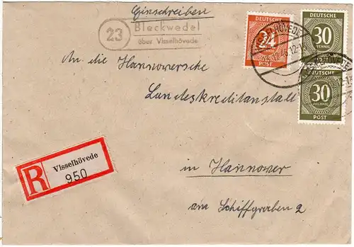 1946, Landpost Stpl. 23 BLECKWEDEL über Visselhövede auf Einschreiben Brief 