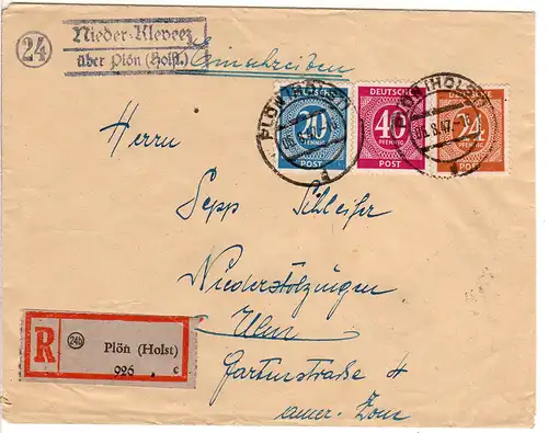 1947, Landpost Stpl. 24 NIEDER-KLEVEEZ über Plön auf Einschreiben Brief 