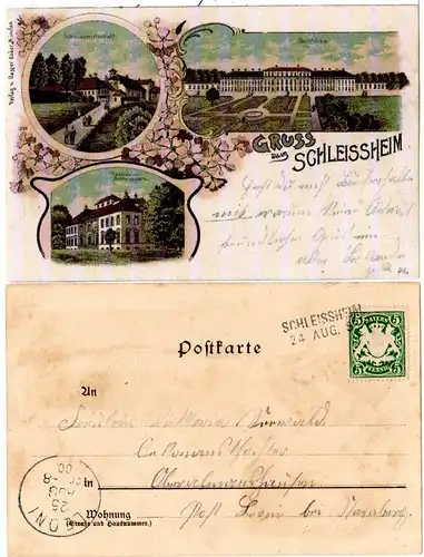 Bayern 1900, Aushilfstpl. L2 SCHLEISSHEIM auf Litho-AK m. 5 Pf.