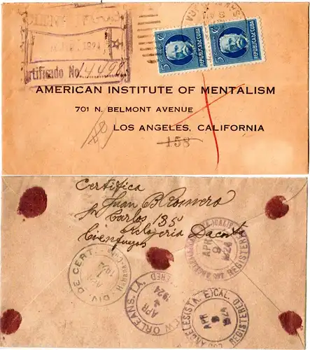 Cuba 1924, 2x5 C. auf Einschreiben Brief v. Cienfuegios n. USA.