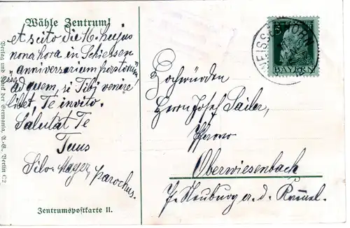 Bayern 1912, Posthilfstelle BIBERACH Taxe Roggenburg auf Zentrums-AK m. 5 Pf.