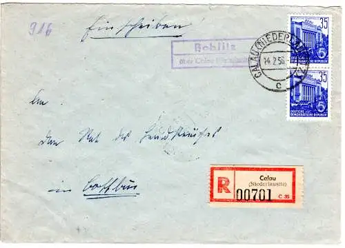 DDR 1956, Landpost Stpl. BOBLITZ über Calau auf Einschreiben Brief m. 2x35 Pf.