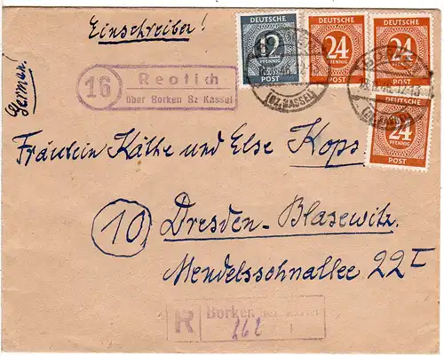 1946, Landpoststempel 16 REPTICH über Borken auf Reko Brief m. 12+3x24 Pf.