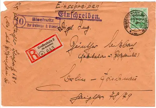 SBZ 1948, Landpoststempel 10 BLOCHWITZ über Großenhain auf Reko Brief m. 84 Pf.