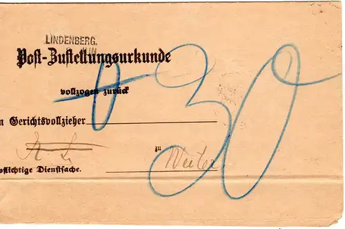 Bayern 1887, L2- Aushilfstempel LINDENBERG auf kpl. Post-Zustellungsurkunde