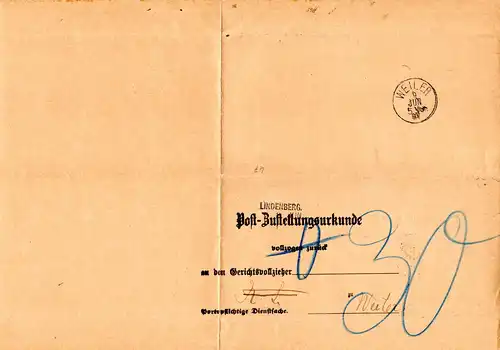 Bayern 1887, L2- Aushilfstempel LINDENBERG auf kpl. Post-Zustellungsurkunde