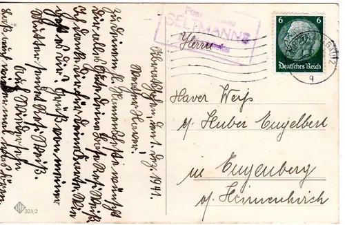 DR 1941, Posthilfstelle SELTMANNS Taxe 22 Siberatshofen auf Karte m. 6 Pf