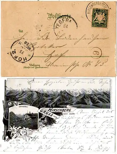 Bayern 1898, Postablage-K1 HIRSCHBERG b. TEGERNSEE auf AK m. 5 Pf. (Sem 175.-)