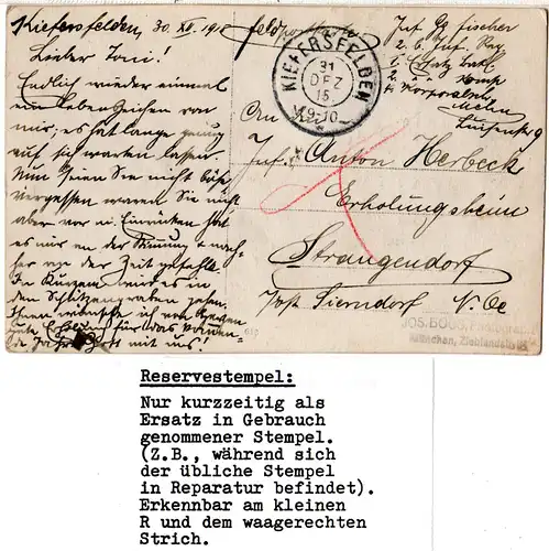 Bayern 1915, Reservestempel KIEFERSFELDEN R auf Feldpostkarte. (Helbig 100).