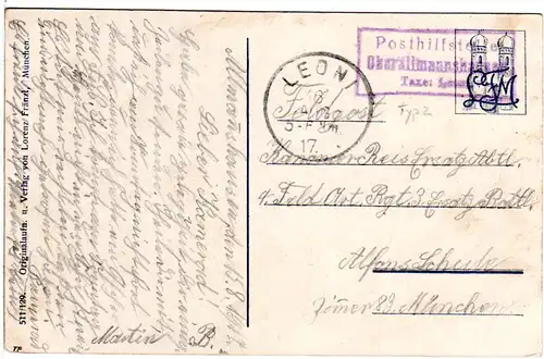 Bayern 1917, Posthilfstelle OBERALLMANNSHOFEN Taxe Leoni auf Feldpost AK