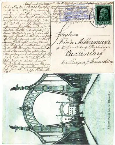 Bayern 1912, Posthilfstelle VACHENDORF Taxe Bergen, Ank.Stpl. auf AK v. Laufen