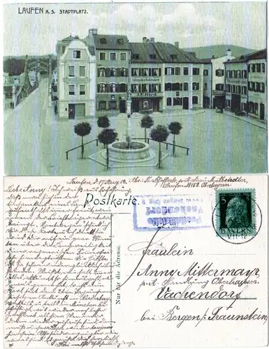 Bayern 1912, Posthilfstelle VACHENDORF Taxe Bergen als Ank.Stpl auf AK v. Laufen