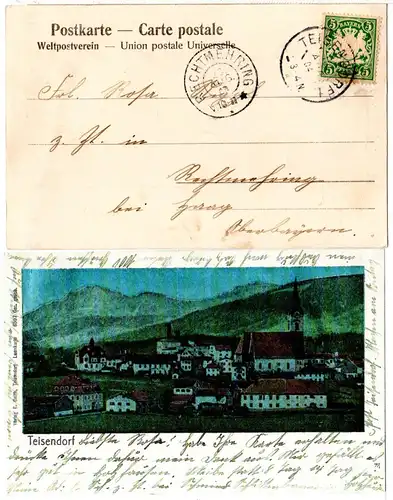 Bayern 1904, Reservestempel TEISENDORF R auf Chromo Mondschein-AK m. 5 Pf.