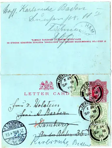 GB 1906, 3x 1/2d added on 1d lettercard from JERSEY to Germany.
