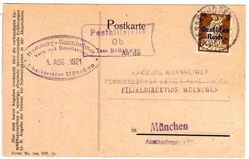 DR 1921, alter Bayern Stpl. Posthilfstelle OB Taxe Bidingen auf Karte m. 40 Pf.