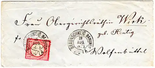 DR 1873, 1 Gr. gr. Brustschild auf Brief m. Stpl. BRAUNSCHWEIG BAHNHOF 