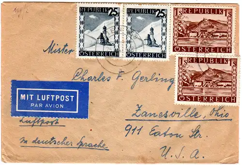 Österreich 1947, je 2x 1 S. u. 25 G. auf Luftpost Brief v. Wien n. USA