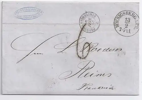 Preussen Frankreich 1861, klarer K1 Königsberg auf Brief  Porto Stempel "6".#154