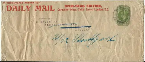 GB 1912, 1/2 P. Streifband Privat Ganzsache "Daily Mail", gebr. London-DR. 