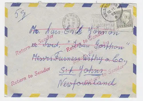Schweden 1958, 40 öre auf Luftpost Retour Brief n. Newfoundland.  #2489