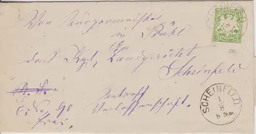 Bayern 1878, EF 3 Pf. WZ "weite Welle" auf Orts Brief v. Scheinfeld. #1002