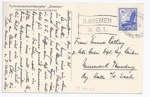 DR 1935, "Dt. Am. SP.  Bremen-NY D. Bremen NDL" auf Schiff AK m. 15 Pf. #69