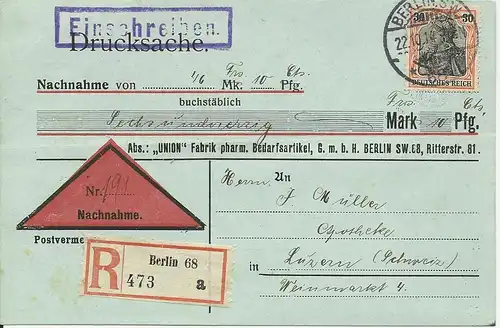 DR 1914, EF 30 Pf. auf Auslands Nachnahme Einschreiben Karte v. Berlin 68 #2802