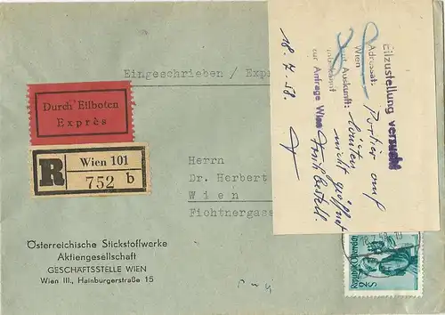 Österreich 1958, Orts Einschreiben Eilboten Brief v. Wien m. Zustellzettel #1895