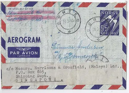 Norwegen Singapore 1953, 55 öre aerogramm Ganzsache Brief v. Horten. #1617