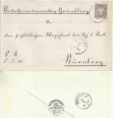 Bayern, EF 20 Pf. WZ Weite Welle auf Brief v. Grünsberg m. K1 Altdorf. #2136