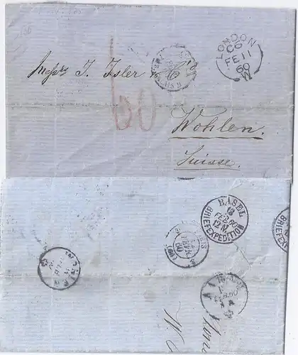 GB Schweiz 1860, Porto Brief v. London m. vielen Stempeln. #516