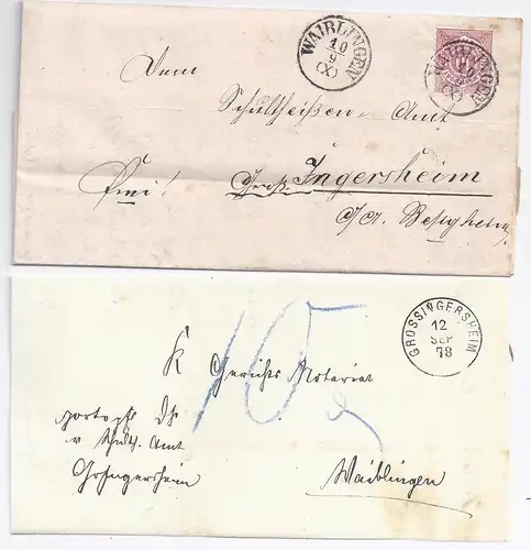 Württemberg 1878, K1 Waiblingen u Grossingersheim auf 2x verw. Porto Brief. #505