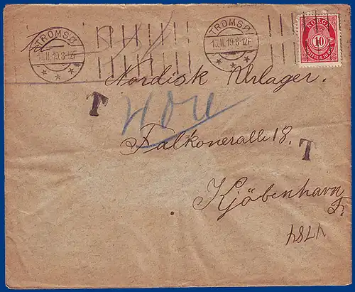 Norwegen 1919,Tromsö, "T" Porto Brief n. Dänemark. "4 öre".  #S806