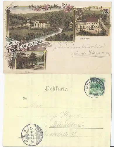 Gruss aus Dahlerbrück, Litho AK v. 1897 m. u.a. Hotel Hencke. #1206