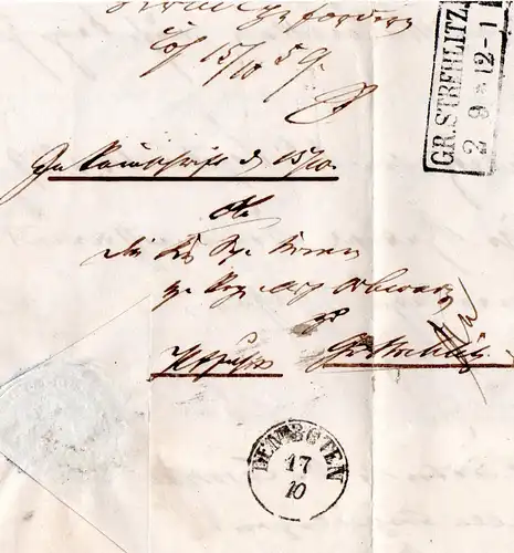 Preussen 1859, DEM BOTEN, Fingerhut Stpl. m. Datum in Brief v. R2 GR.STREHLITZ
