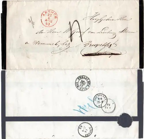 NL 1863, gesiegelter Trauerbrief v. ARNHEM n. Antwerpen, Nachsendung n. Brüssel