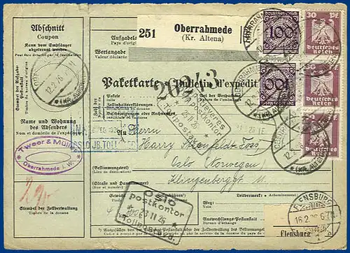 DR Norwegen 1926, Paketkarte v. Oberrahmede Altena m. 5 Marken+div. Stpln. #117