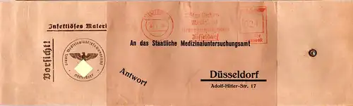 DR 1939, Versandtasche f. Infektiöses Material m. Amts-Freistpl. Düsseldorf