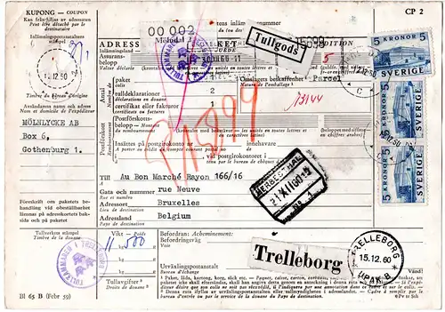 Schweden 1960, MeF 3x5 Kr. auf Paketkarte v. Mölndal n. Belgien