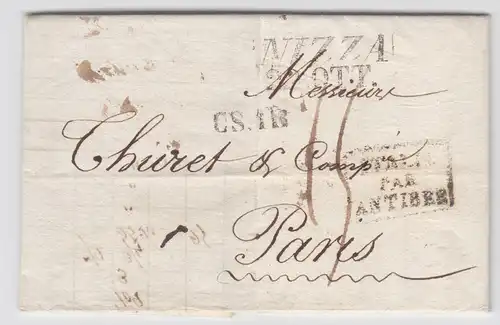 Italien Sardinien Frankreich 1827, L2 Nizza Porto Brief m. Italie Par Antibes.