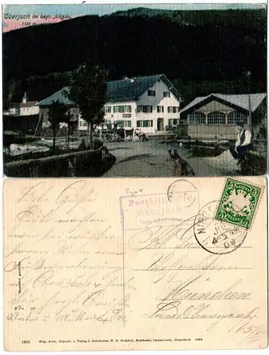 Bayern 1909, Posthilfstelle OBERJOCH Taxe Hindelang auf Farb-AK m. 5 Pf.