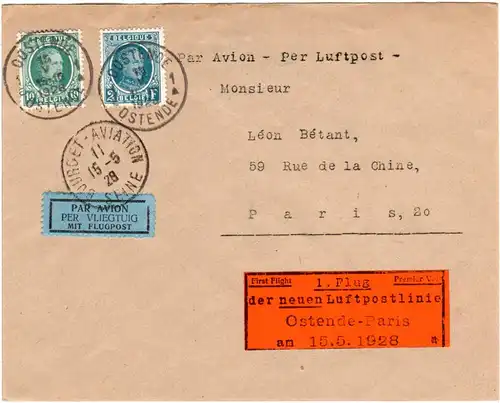 Belgien 1928, 10 C.+2 Fr. auf Erst Flug Brief Oostende-Paris m. Dewitz-Zettel