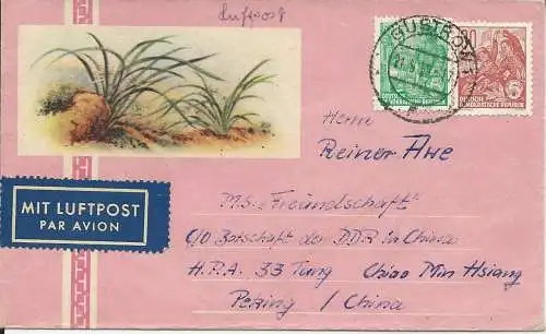 DDR 1959, 5+30 Pf. auf Luftpost Brief v. Güstrow n. China.