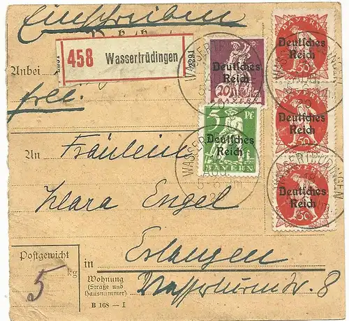 DR 1920, 5 Werte Bayern Überdruck auf Einschreiben Paketkarte v. Wassertrüdingen