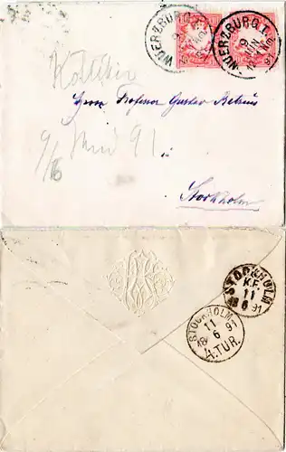 Bayern 1891, 2x10 Pf. auf Brief v. Würzburg n. Schweden m. rs. Präge-Monogramm