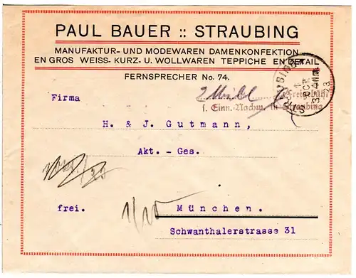 DR 1923, Gebühr bezahlt-Stpl. u. K1 STRAUBING auf Firmenbrief n. München